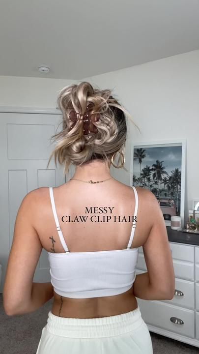 Modern Buns Hair, Pinned Up Hairstyles For Long Hair, Messy Hairstyles With Clips, Messy Updo For Thick Long Hair, Hair For Visors, Hair Styles For Water Park Summer, Updo Hairstyles For Waitresses, Crimped Hairstyles Updo, Blowout For Straight Hair