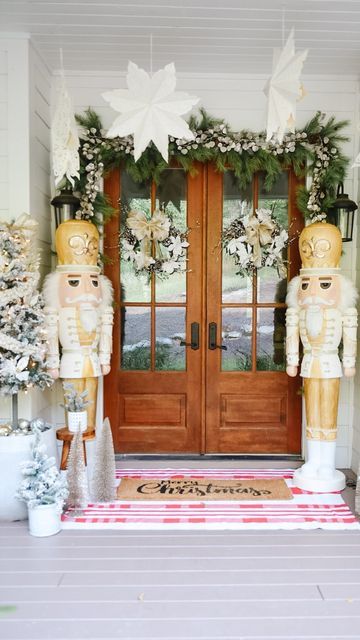 Giant Nutcracker Makeover, Diy Lifesize Nutcracker, Nutcracker Redo, Walmart Nutcracker, Life Size Nutcracker, Nutcracker Makeover, Painted Nutcracker, Christmas Porch Decor Ideas, Nutcracker Christmas Decorations