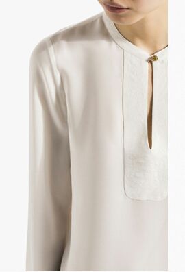 Massimo Dutti silk oriental collar blouse Shirt Collar Blouse Designs, Silk Tops With Spread Collar For Daywear, Silk Shirt With Spread Collar For Daywear, Designer Silk Collared Blouse, Silk Collared Top For Daywear, Luxury Mandarin Collar Blouse For Daywear, Áo Blu, Churidar Neck Designs, Tunic Designs