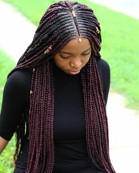 Feed-In Braid Center Parted Fulani Braid Medium Knotless, Braids Styles, Hair Cuffs, Long Box Braids, Fulani Braids, Crochet Braids Hairstyles, Box Braids Styling, Braids With Beads, Girls Braids