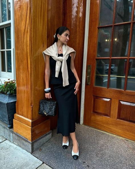 Dress With A Cardigan, Satin Black Dress, Old Money Look, Sophisticated Outfits, Black Satin Dress, Chic Casual, Out And About, Old Money, Everyday Look