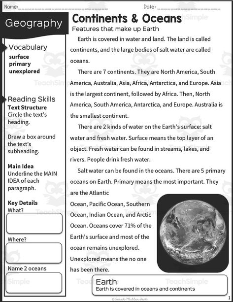 This resource is an Oceans and Continents Reading Packet.This is a great no prep resource that all you have to do is print and go!Students will love learning history as they read an informative passage and apply vocabulary terms.Worksheets included such as multiple-choice questions and graphic organizers will allow them to show what they know.These work well for social studies or reading instruction.Answer keys included. Continent And Ocean Worksheet, Continents And Oceans Printables Free, Oceans And Continents, Landforms And Bodies Of Water, Substitute Teacher Tips, Continents Activities, Social Studies Maps, Kids Podcast, Learning History