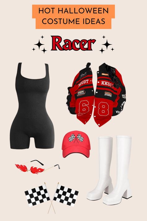 #Ad #AmazonAffiliate Rev up your Halloween with this ultimate Race Car Driver costume guide! 🚗💨 Get ready to turn heads with a black romper, checkered flags, and racing jackets that'll have you feeling like a pro on the track. Perfect for adrenaline junkies and costume lovers alike—let's make this Halloween a victory lap! 🏁🔥 #HalloweenCostume #RaceCarDriver #SpeedsterStyle #Halloween2024 Victorious Costume Ideas, Checkered Flag Costume, Car Themed Halloween Costume, Biker Babe Halloween Costume, Race At Driver Costume, Race Car Driver And Pit Crew Costume, Formula 1 Halloween Costume Women, Women Race Car Driver Costume, Mclaren Halloween Costume