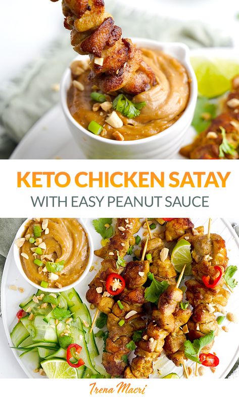 Learn how to make low-carb, keto chicken satay with spicy peanut sauce. The meat is marinated with a mix of spices and Asian sauce, grilled to tender and juicy and served with a delicious peanut dipping sauce. Healthy, gluten-free, sugar-free satay recipe! via @irena_macri Peanut Sauce Healthy, Chicken Satay With Peanut Sauce, Chicken Satay Skewers, Satay Skewers, Easy Peanut Sauce, Satay Recipe, Peanut Dipping Sauce, Thai Spices, Coleslaw Salad