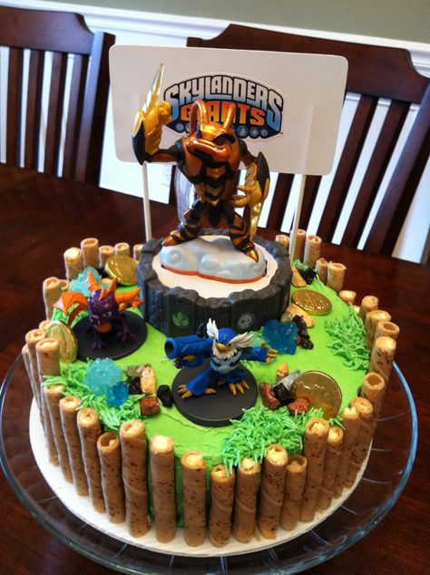 Use some of these decorations for the sheet cake (chocolate rock candy, gold coins, etc.). Skylanders Birthday Cake, Skylanders Cake, Giant Birthday Cake, Skylanders Birthday Party, Skylanders Birthday, Skylanders Party, Chocolate Sheet Cake, Birthday Cake Ideas, Skylanders