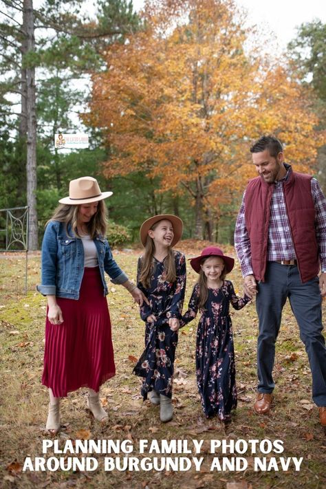 Fall Family Photos With Hat, Burgundy And Blue Family Pictures, Maroon And Blue Family Pictures, Maroon And Navy Family Pictures, Navy And Burgundy Family Pictures, Fall Family Photos Red, Burgundy Family Photos Outfit Ideas, Ac Photo, Outfits For Family Photos