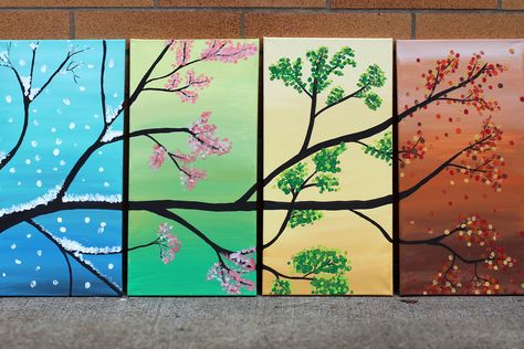 4 Seasons Canvas Painting, Tree Seasons Painting, 4 Seasons Drawing Ideas, Four Seasons Painting Easy, Season Art For Kids, Seasons Canvas Painting, 4 Season Painting, 4 Seasons Tree Painting, 4 Seasons Drawing