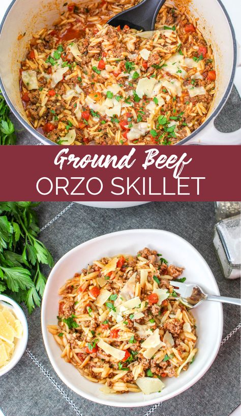 This One Pan Ground Beef Orzo recipe is incredibly easy to make and loaded with flavor - perfect for a midweek family meal. Beef Orzo, Recipes With 1lb Ground Beef, Southern Comfort Recipes, Orzo Recipe, Healthy Weeknight Dinners, Homemade Dinner Rolls, Dinner With Ground Beef, Risotto Recipes, Easy Family Dinners