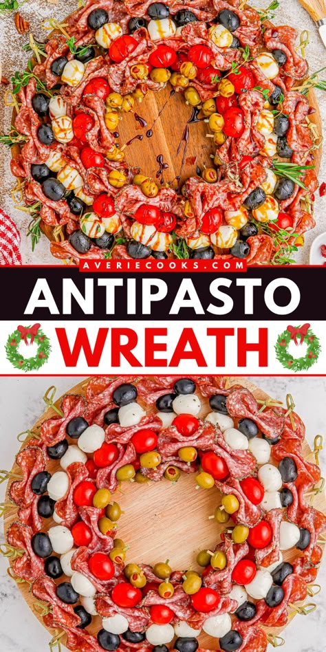 Looking for holiday appetizer ideas? Here's a Thanksgiving party food idea featuring antipasto skewers! With an assortment of your favorite ingredients, they will also be a hit at your Christmas dinner party. Save this holiday antipasto wreath recipe! Christmas Wreath Antipasto Skewers, Caprese Wreath, Festive Christmas Appetizers, Antipasto Wreath, Holiday Appetizer Ideas, Thanksgiving Party Food, Party Dips Easy, Wreath Recipe, Best Holiday Appetizers