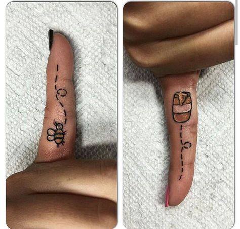 Matching Bee Tattoo Couple, Bee Finger Tattoo, Honey Pot Tattoo, Single Tattoos, Matching Cousin Tattoos, Bee Tattoos, Cousin Tattoos, Small Matching Tattoos, Couple Matching Tattoo