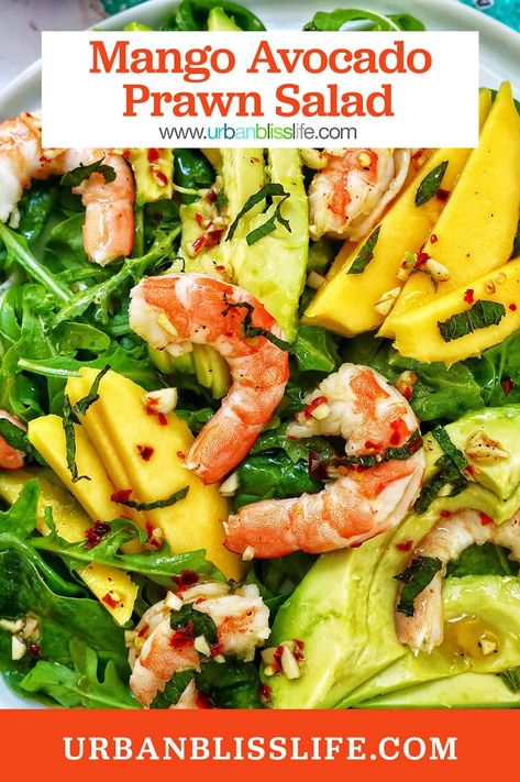 This Mango Avocado Prawn Salad is an easy, healthy, delicious lunch or dinner. Perfect for spring and summer meals. Get the easy salad recipe at UrbanBlissLife.com. Prawn Mango Salad, Healthy Delicious Lunch, Prawn And Avocado Salad, Chili Lime Dressing, Prawn Salad, Mango Avocado, Seafood Recipe, Summer Meals, Easy Salad