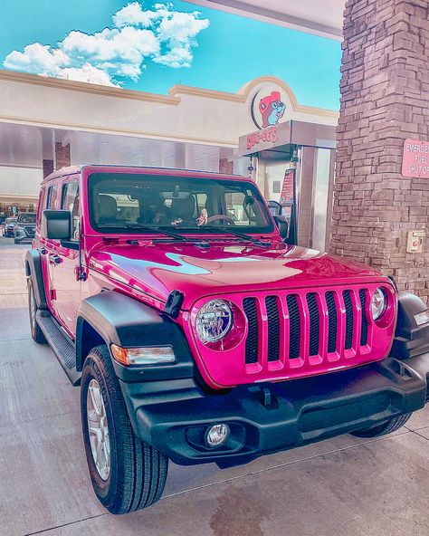 Pink Jeep Truck, Pink Jeeps Aesthetic, Hot Pink Jeep Aesthetic, Jeep For Girls, Pink Keep Wrangler, Light Pink Jeep Wrangler, Hot Pink Bronco, White Jeep Wrangler With Pink Accents, Pink Jeep Rubicon