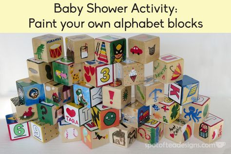 Learn how to prepare a "Paint your own activity block" activity for a baby shower! Guests paint the blocks to make a custom set for the baby! Baby Shower Blocks Decorating, Baby Shower Block Decorating, Baby Blocks Baby Shower, Kate Baby, Baby Shower Activity, Planning Pregnancy, Baby Shower Crafts, Garden Shower, Baby Shower Bbq