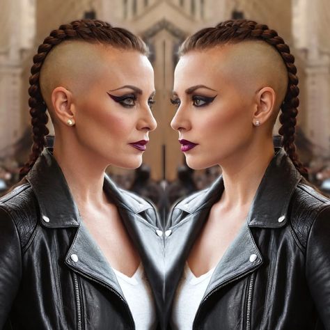 AI Short Hairstyle AI | 30 years old vs 50 years old. Choose one. Brunette women with braids undercut at 30 and 50 years old face to face in USA streets. She are… | Instagram Women With Braids, Shorthair Undercut, Braids Undercut, Fly Bra, Goth Shorts, Shaved Heads, Half Shaved Hair, Shaved Side Hairstyles, Half Shaved