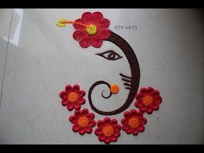 Ganpati Easy Rangoli, Easy Ganpati Rangoli Design, Hibiscus Rangoli, Ganpati Bappa Rangoli Designs, Ganpati Rangoli Simple, Ganapati Rangoli Designs, Rangoli Designs Ganpati, Ganpati Bappa Rangoli, Rangoli Ganpati