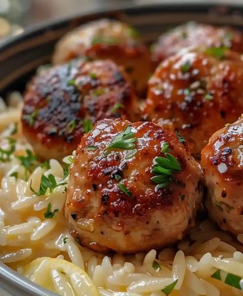 Greek Chicken Meatballs with Lemon Orzo Baked Lemon Butter Chicken Meatballs With Creamy Spinach Orzo, Greek Chicken Meatballs, Ground Chicken Meatballs, Baked Greek Chicken, Mediterranean Diet Recipes Dinners, Lemon Orzo, Greek Meatballs, Lemon Butter Chicken, Easy Mediterranean Diet Recipes