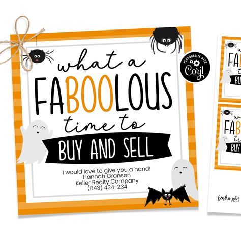 "\"What a FABOOLOUS Time to Buy and Sell!\" A printable Real Estate marketing tag for during Halloween time!  Attach the printable gift tag to any sort of sweet Halloween treat! ✏️ EDIT WITH CORJL - This is a listing for a file you can edit yourself online using your mobile device, laptop, or desktop computer. Once edited, you can download and print at home or at your favorite print center. 👉 Try It Before You Buy (Click the link to see how easy it is to edit!) https://www.corjl.com/d/7GNOL 📥 Can be saved as a single JPG or PDF.  That means its easy to print and give or send/post! ★★ HOW DOES THIS WORK? ★★ 1. Purchase this listing 2. You will get an email from Corjl within a few minutes with a direct link to personalize your file. 3. Edit your info on the design 4. Save changes and click Realtor Trick Or Treat Ideas, October Ideas, Boo Sign, Gift Tag Printable, Pineapple Gifts, Print Center, Halloween Time, Printable Halloween, Halloween Treat