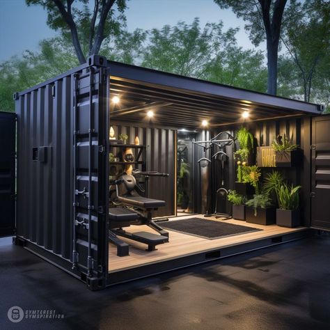 Gym Container Ideas, Outdoor Gym Ideas Backyards, Shipping Container Gym, Garden Gym Ideas, Container Gym, Tiny Gym, Outside Gym, Outdoor Home Gym, Crossfit Home Gym