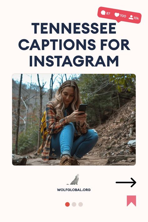 Woman sitting on a rock using her phone, with text "Tennessee Captions for Instagram".
Graphic checklist of Tennessee attractions with puns and emojis, "GET 100+ MORE" button at the bottom.
A woman sits with a laptop, surrounded by social media symbols, promoting an Instagram engagement pod. Tennessee Instagram Captions, National Parks America, Short Instagram Captions, Tennessee Travel, Mountain Music, Insta Captions, Ig Captions, Tennessee Vacation, Sunset Session