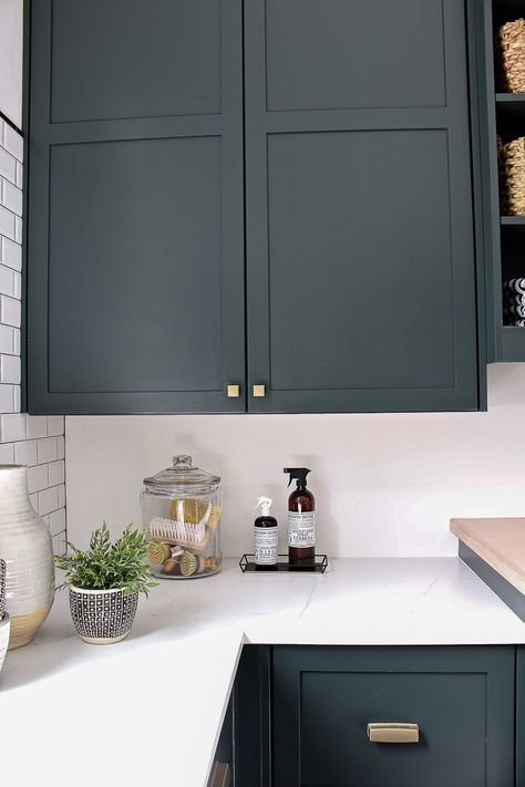 The Laundry/Dog Room: Dark Green Cabinets Layered On Classic Black + White Design - The House of Silver Lining Green Black Sherwin Williams Cabinets, Dark Pewter Benjamin Moore, Green Black Paint, Dark Green Cabinets, House Of Silver Lining, The House Of Silver Lining, White Interior Paint, Tricorn Black, White Laundry Rooms