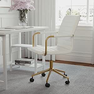 Martha Stewart Taytum Swivel Task Chair with Armrests for Home Office in White Faux Leather with Polished Brass Frame Upholstered Desk Chair, Upholstered Office Chair, Modern Office Chair, White Office, Leather Desk, Executive Office Chairs, Home Office Chairs, Task Chair, Modern Office