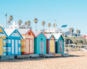 Nostalgic beach prints to add joy to your home by thelensandi Australia Beaches, Australian Colours, Beach Prints, Palm Tree Wall Art, Melbourne Beach, Australia Beach, Ocean Springs, Brighton Beach, Beach Huts