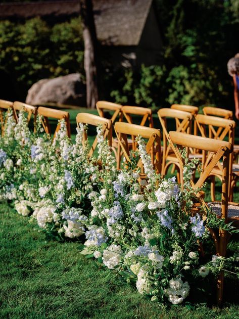 Looking for blue and white wedding flowers? Look no further than this coastal grandmother summer wedding!Photography: Lance Nicoll Wedding Photography (http://lancenicoll.com) Blue And White Wedding Aisle Flowers, Blue And White Ceremony Flowers, Chair Flowers Wedding, Chair Decorations Wedding, Coastal Grandmother Summer, Blue And White Wedding Flowers, Aisle Arrangements, Chair Flowers, Sunset Pastel