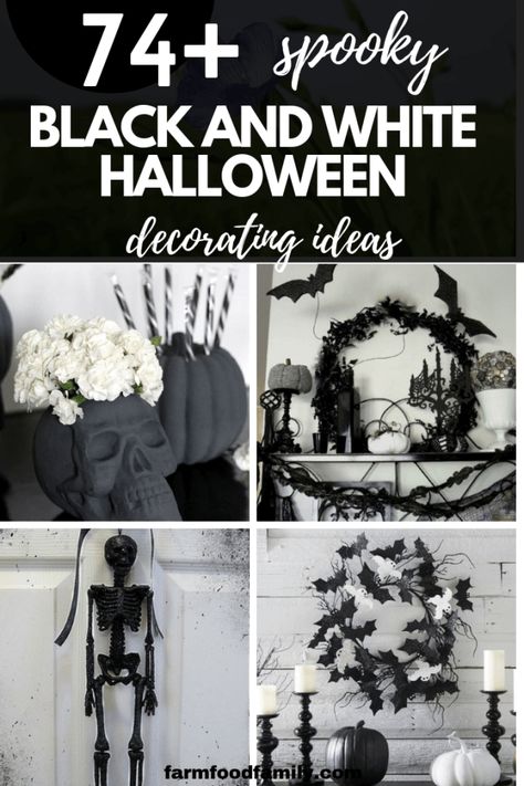 It is black and white, and it is classic, spooky and chic all at the same time. This list of Halloween decorating ideas for outdoors or indoors shows creative ways to use black and white decorations. Check out these 74+ Spooky Black and White Halloween decorations #halloween #halloweendecorations #homedecorideas #farmfoodfamily White Halloween Decor Outdoor, Halloween White Decor, Black And White Halloween Party Ideas, Black And White Halloween Decor Outdoor, Black And White Halloween Aesthetic Decor, Above Kitchen Cabinet Halloween Decor, Diy Black Halloween Decor, Halloween Decorations Black And White, Black And White Halloween Table Decor