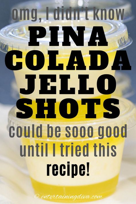 Layered Pina Colada Jello Shots (With Coconut Cream Pudding) | Super Bowl Party Banana Jello Shots, Jello Shot Recipes Rum, Coconut Rum Jello Shots, Pina Colada Jello Shots Recipe, Coconut Cream Pudding, Pina Colada Jello Shots, Rum Jello Shots, Football Party Appetizers, Superbowl Party Appetizers