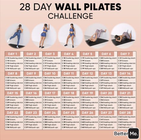 28 Day Wall Pilates Challenge, 28 Day Wall Pilates, Wall Pilates Challenge, Beginner Full Body Workout, Full Body Pilates Workout, Pilates Workout Plan, Wall Pilates, Pilates Challenge, Wall Workout