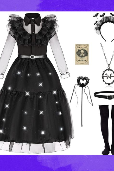 Light Up Wednesday Addams Costume Dress Girls Kids Halloween Costumes Cosplay with Belt Necklace Socks Hairband Wand Dress Girls Kids, Kids Halloween Costumes, Wednesday Addams Costume, Belt Necklace, Light Up Costumes, Up Costume, Halloween Outfit, Kids Halloween, Wednesday Addams