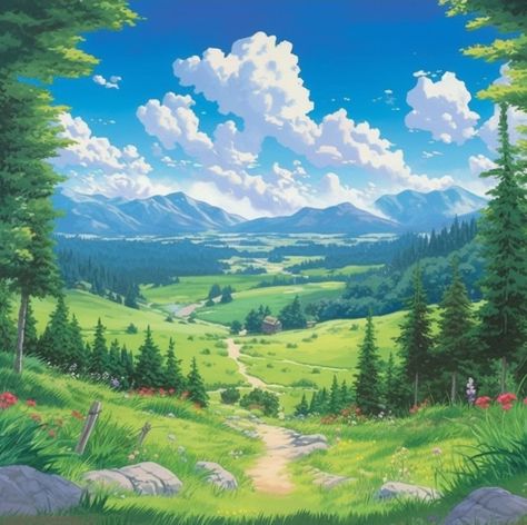 Fantasy Road Landscapes, Beautiful Valleys Landscapes, Fantasy Road, Cute Landscape, Studio Ghibli Background, Dreamy Artwork, Scenery Background, Landscape Concept, Angel Painting