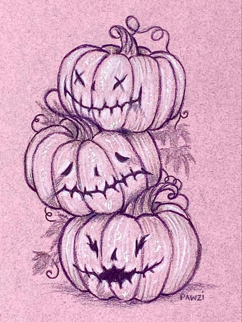 Original drawing of a spooky pumpkin trio witth creepy cute little faces, pencils and ink on pink paper 💕 Stacked Pumpkin Drawing, Pumpkin With Vines Drawing, Pumpkin Ink Drawing, What To Draw On A Pumpkin, Drawing Ideas Spooky, Carved Pumpkin Drawing, Halloween Drawing Pumpkin, Spooky Halloween Drawings Easy, Creepy Pumpkin Drawing