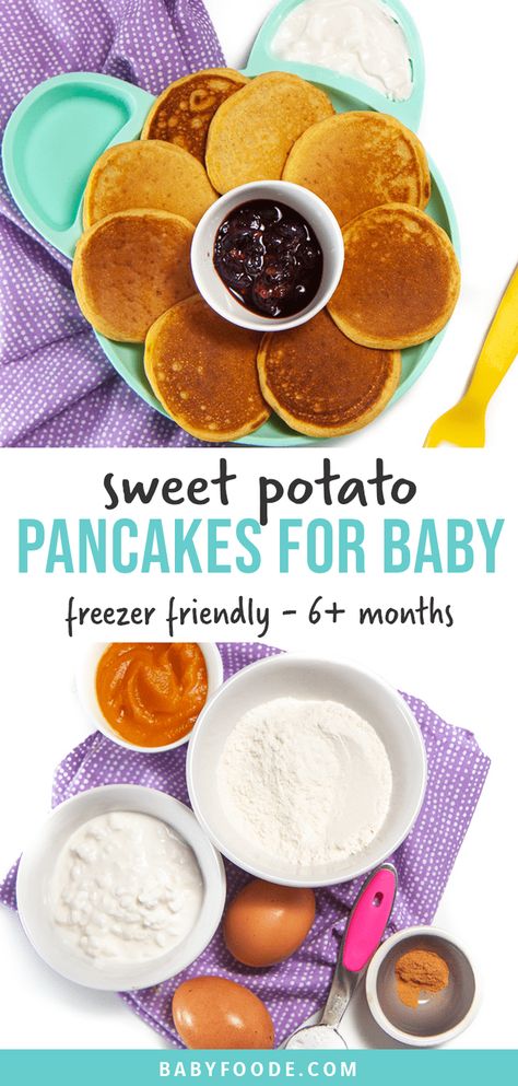 These Sweet Potato Pancakes for Baby are quick and easy to make and perfectly soft and fluffy. Great for toddlers too, they are freezer friendly and full of healthy ingredients. Perfect for 6+ months and Baby-Led Weaning! #pancakesbaby #babyledweaning #blw #toddler #breakfast Sweet Potato Pancakes For Baby, Pancakes For Baby, Baby Pancakes, Easy Baby Food Recipes, Sweet Potato Pancakes, Baby Led Weaning Recipes, Healthy Baby Food, Baby First Foods, Weaning Recipes