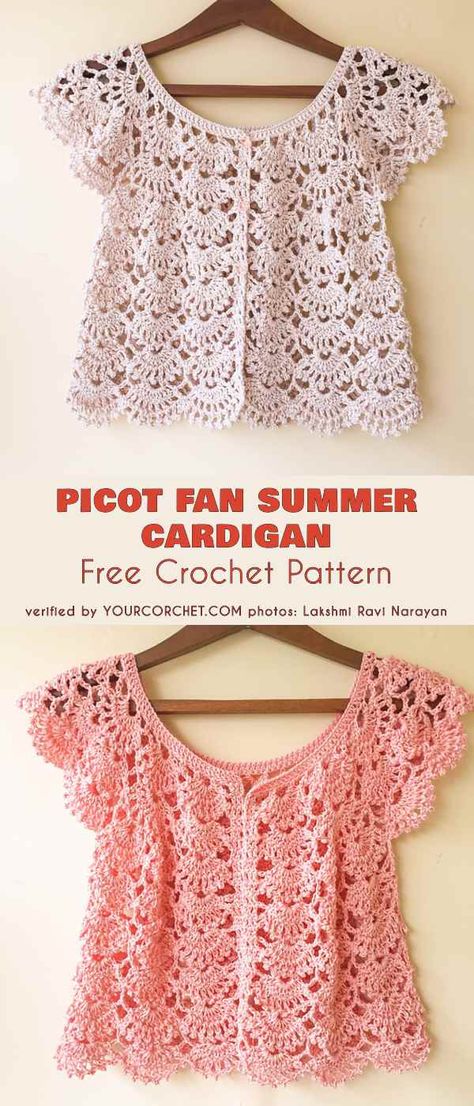 Picot Fan Summer Cardigan Free Crochet Pattern Summer Cardigan Crochet, Crochet Shrug Pattern, Shrug Pattern, Cardigan Crochet, Crochet Summer Tops, Summer Cardigan, Crochet Shrug, Wardrobe Accessories, Haken Baby