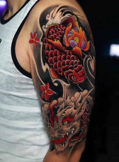 Dragon Koi Tattoo Design, Dragon Koi Fish, Koi Dragon Tattoo, Dragon Half, Koi Tattoo Sleeve, Koi Dragon, Koi Tattoo Design, Koi Fish Designs, Full Back Tattoos