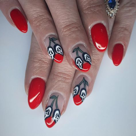 Scream Face Cherry Nails, Ghostface Cherry Nails, Bold Halloween Nails, Cherry Halloween Nails, Ghost Face Cherry Nails, Halloween Movie Themed Nails, Simple Ghostface Nails, Cherry Skull Nails, Simple Vegas Nails