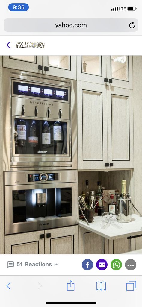 For butlers pantry.  Like the built in wine storage, would also like espresso machine maybe where the microwave is pictured here. Bar Butlers Pantry, Built In Wine Storage, Espresso Kitchen Cabinets Decor, Espresso Machine Kitchen, Espresso Kitchen Cabinets, Built In Coffee Maker, Coffee Station Kitchen, Espresso Kitchen, Home Espresso Machine