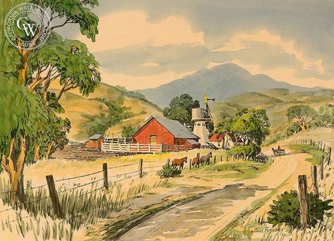 Pictures Of Farms, Vintage Farm Art, Watercolor Farm Landscape, Farm Watercolor Paintings, Farm Scene Painting, Farm Drawing, California Watercolor, Art Deco Cottage, Farm Watercolor