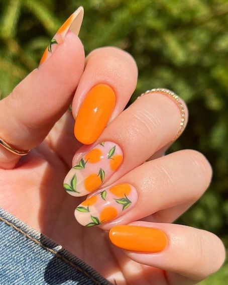 Nails With Oranges Fruit, Fruit Themed Nails, Orange Fruit Nails, Orange Nail Art, Kids Nails, Fruit Nails, Fruit Nail, Lemon Nails, Blue Nail Color