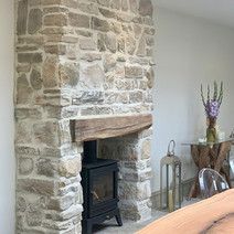 Tile Hearth Wood Stove, Indoor Wood Stove, Stone Chimney, Wood Stove Fireplace, Building Stone, Chimney Breast, Stone Cladding, Cabin Interiors, Stove Fireplace