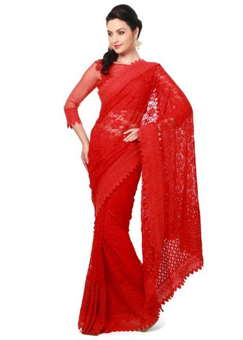 Red saree featuring in croquet lace only on Kalki Red Jamdani Saree, Bridal Sarees Online, Dhakai Jamdani Saree, Latest Indian Saree, Cotton Silk Saree, Lehenga Style, Jamdani Saree, Utsav Fashion, Red Saree