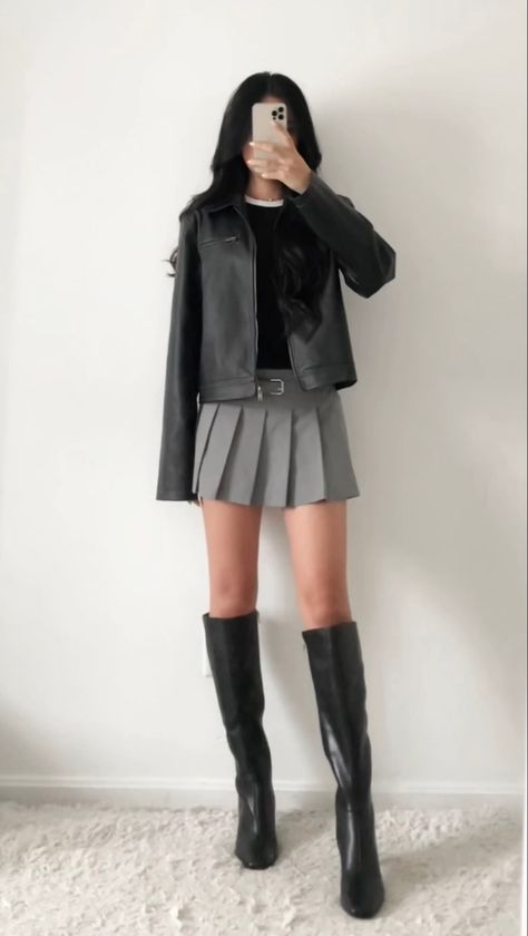 Fall outfit, outfit inspo, style inspiration, outfit idea, tall boots, black knee high boots, pleated mini skirt, black leather jacket High Knee Boots With Skirt, Knee High Boots And Mini Skirt, Mini Skirt And Knee High Boots, Leather Jacket Knee High Boots Outfit, Outfit Inspo Knee High Boots, Tall Boots Mini Skirt, Black Knee High Boots Outfit Spring, Long Boots And Skirt Outfit, Knee High Boots Outfit Aesthetic