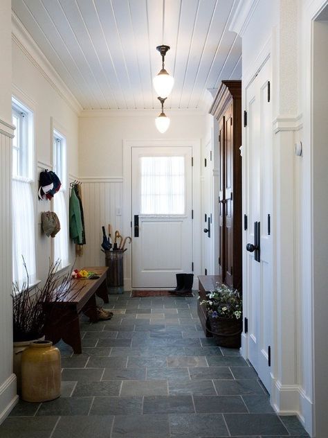 7f18a8253d3f87c8fb7099b51a1666d2 Ikea Linnmon, Farmhouse Mudroom, School House Lighting, Tiled Hallway, Mudroom Entryway, Farmhouse Entryway, Entry Design, Farmhouse Flooring, Foyer Decorating