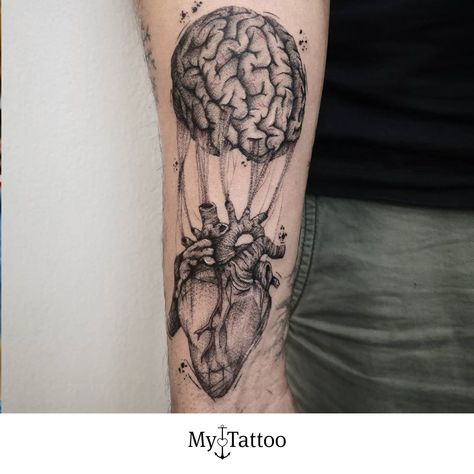 Realistic Brain Tattoo, Brain Vs Heart Tattoo, Brain Tattoo Design, Simone Tattoo, Duality Tattoo, Charlie Tattoo, Realistic Heart Tattoo, Heart Vs Brain, Anatomy Tattoo