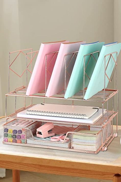 gianotter Desk Organizers and Accessories, Office Supplies Desk Organizer with Sliding Drawer, Double Tray and 5 Upright Section ​File Sorter Organizer (Rose Gold) Gold Desk, Office Organizer, Letter Tray, Future Room, Desk Inspiration, Steel Frame Construction, 2 Letter, Simple Desk, Desk Organization Office