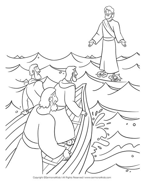 Peter Walks On Water, Jesus Walks On Water, Jesus Walking, Jesus Coloring Pages, Moana Coloring Pages, Sunday School Coloring Pages, Kids Sunday School Lessons, Childrens Sermons, Bible Activities For Kids