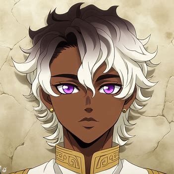 Black Clover screencap of a brown male with chocolate skin, ombre white hair, purple eyes, square face , plum pink lips , small nose. He is handsome. He is wearing a gold outfit - Image Creator from Microsoft Designer Ombre White Hair, Black Skin White Hair, Viren Fanart, White Hair Purple Eyes, White Hair Dark Skin, White Hair Men, Space Australia, Pokemon Gym Leaders, Twin Siblings