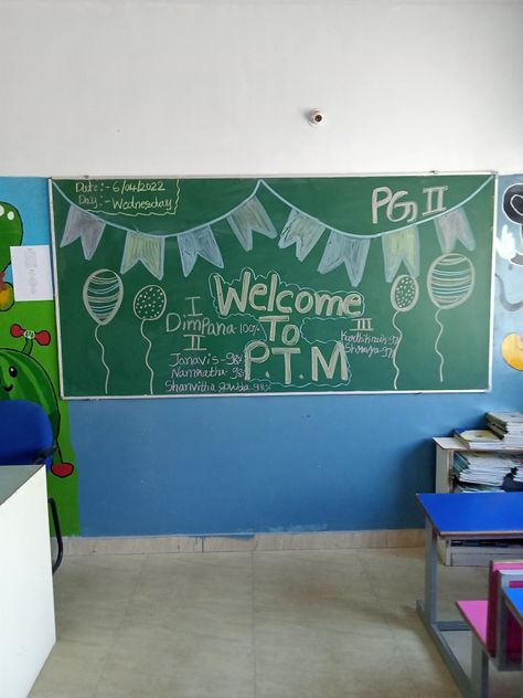 Nursery Chart Ideas, Class Black Board Decoration Ideas, Black Board Decoration For Ptm, Ptm Decoration School, Welcome To Ptm Board Decoration, Welcome To Ptm, Board Decoration Ideas School With Chalk, Ptm Board Decoration Ideas School, Black Board Decoration Ideas School