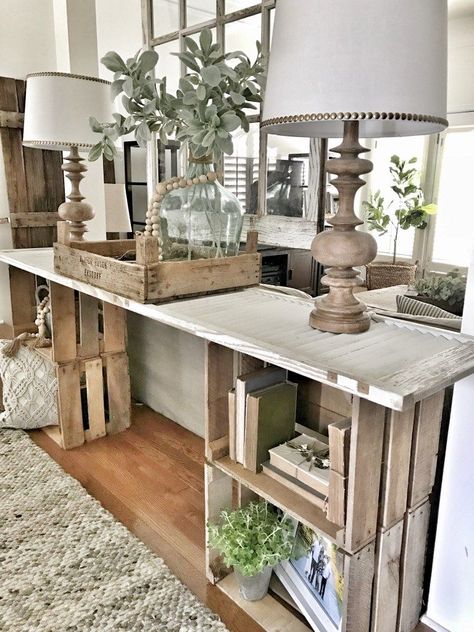 Console Table Ideas, Farmhouse Sofa Table, Window Decorating, Diy Console, Diy Console Table, Diy Rustic Home, Diy Rustic Decor, Dekor Diy, Dry Bar